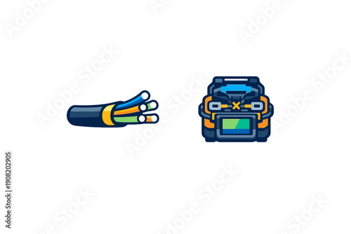 A stylized illustration of a multi-core fiber optic cable next to a technical fusion splicing machine, both presented as icons on a solid black background.