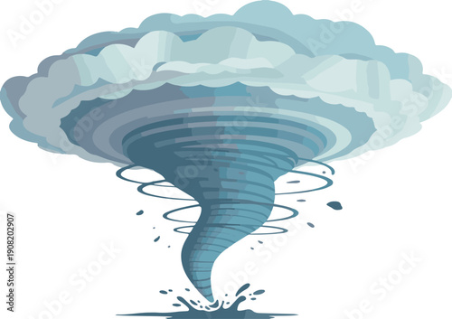 Blue tornado with swirling debris and water splash on white background hurricane cyclone