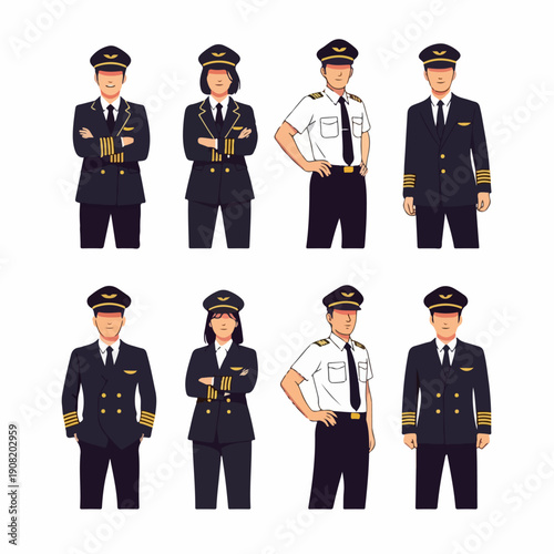 Collection of professional airline pilots vector characters, including diverse male and female crew members in uniform variations, isolated on white.