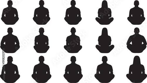 Silhouettes of people meditating in various seated positions calmly