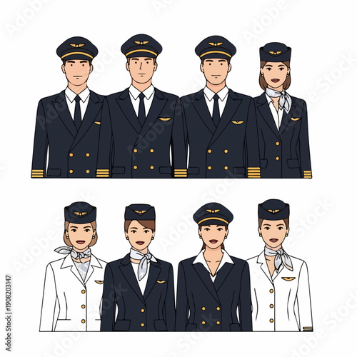Aviation Crew Uniform Set: Pilots and Flight Attendants in Dark Blue and White Attire, Ready for Service.