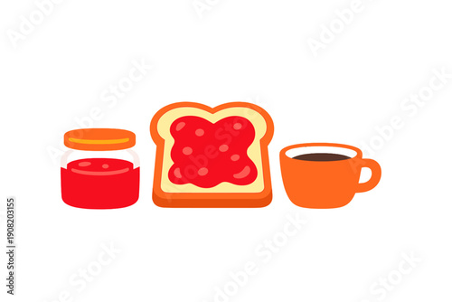 A flat vector illustration featuring a jar of red fruit jam, a slice of white bread toast topped with jam, and an orange mug filled with black coffee, arranged in a horizontal row.