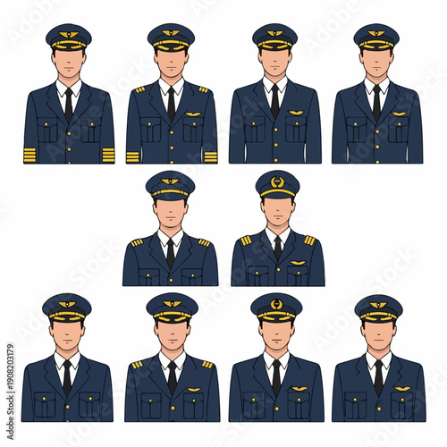 Vector set of male airline pilot uniforms and ranks, including captain and first officer, displayed with caps, epaulets, and sleeve stripes.