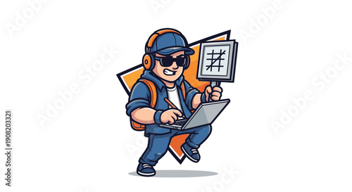 Cartoon man working on laptop with hashtag sign.
