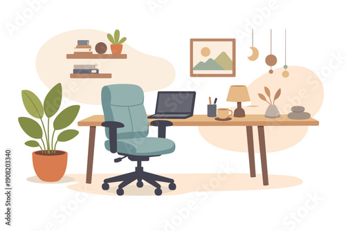 A flat vector illustration of a cozy home office workspace featuring a wooden desk with a laptop, a comfortable blue chair, indoor plants, and various decorative items on the wall.