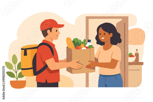 A delivery person in a red cap and shirt hands a brown paper bag of fresh vegetables and bread to a woman at her doorway. This flat vector illustration depicts a grocery delivery service.