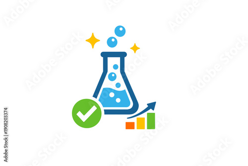 An illustration of a blue laboratory flask with bubbles, a green checkmark, and a rising bar chart on a black background, representing scientific success and data growth.