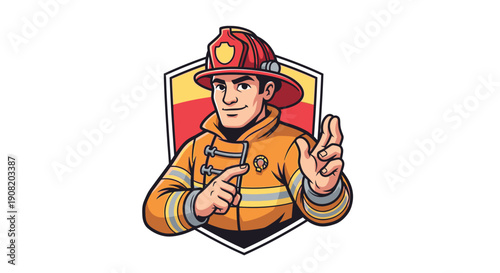 Cartoon firefighter character illustration with gesture.