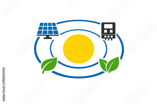 A flat vector illustration featuring a central yellow sun surrounded by blue orbital lines with icons of a solar panel, an electronic controller, and green leaves representing clean energy.