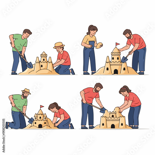 Collection of cartoon illustrations depicting couples and individuals building large sandcastles using shovels and molds on a summer beach vacation.
