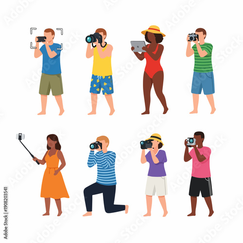 Multicultural tourists and photographers taking pictures with various digital devices like cameras, tablets, and smartphones, isolated vector illustration set.