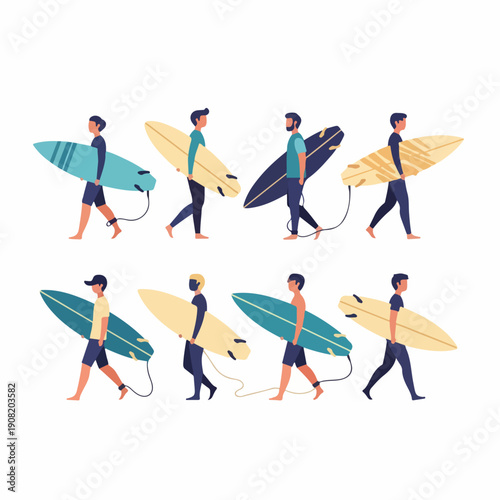 Collection of flat design vector characters depicting male surfers carrying various surfboards while walking, isolated on a white background.