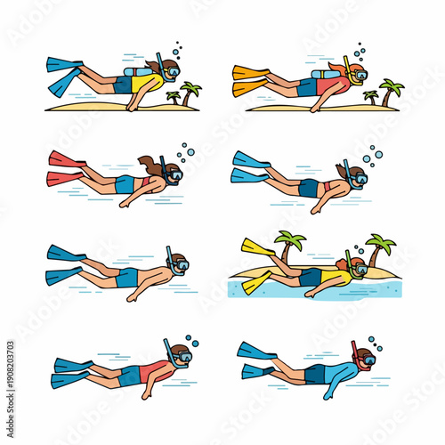 Eight vector illustrations of snorkelers and scuba divers wearing fins and masks, swimming in tropical waters near small islands.