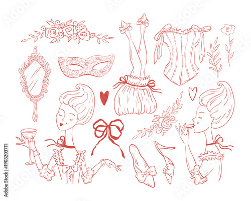 Rococo aesthetics. Hand drawn whimsy line art clip art with woman-aristocrat, bow, wedding shoes, mask, corset with ribbons, bouquet, vintage mirror. Charming red graphics set of illustration.