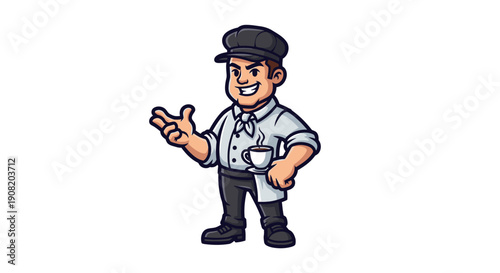Cartoon barista wearing white apron and black cap holding a cup.