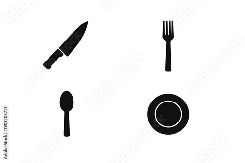 This minimalist graphic features black silhouettes of a knife, fork, spoon, and plate. The four icons are neatly arranged in a square grid pattern against a solid dark background.