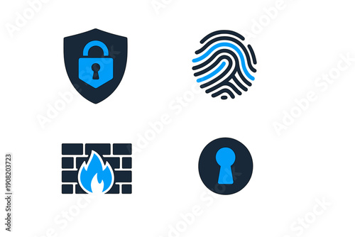 A set of four digital security icons featuring a shield with a padlock, a fingerprint scan, a firewall with a flame, and a keyhole, all rendered in a dark blue and bright blue color scheme.
