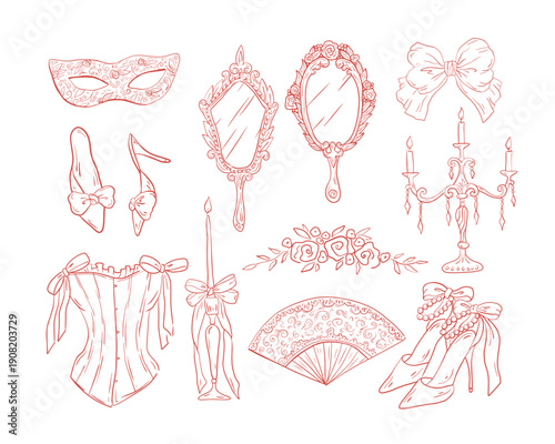 Rococo aesthetics. Hand drawn whimsy line art clip art with corset, mask, shoes, bouquet; candelabra, candleholder with bows, vintage mirror, ribbon bows. Charming red graphics set of illustration.