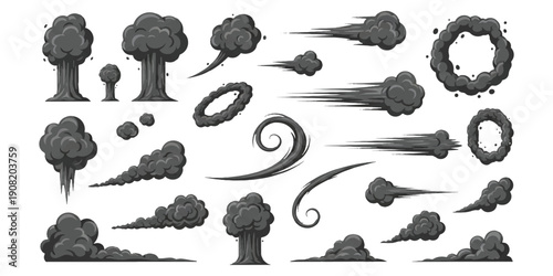 Collection of different dark smoke effects for explosions, speed trails, and impact illustrations in vector format.