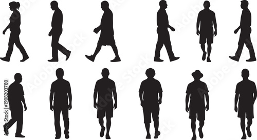 Silhouettes of people walking and standing in various poses