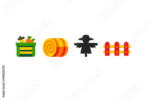 A collection of four flat farm-themed icons including a green vegetable basket, an orange hay bale, a black scarecrow silhouette, and a red wooden fence on a black background.