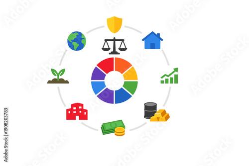 A circular infographic featuring icons for finance, law, environment, and real estate around a colorful central wheel on a black background, representing diverse investment sectors.