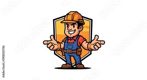 Cartoon construction worker in overalls and hard hat gesturing.