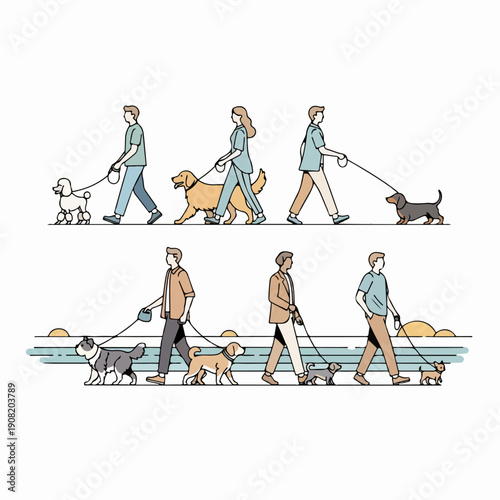 Minimalist flat vector illustration of diverse people walking different dog breeds on leashes, showing pet owners enjoying outdoor exercise and companionship.
