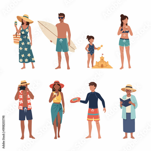 Diverse group of people enjoying various summer beach activities, including surfing, building sandcastles, reading, and sunbathing, isolated vector illustration.