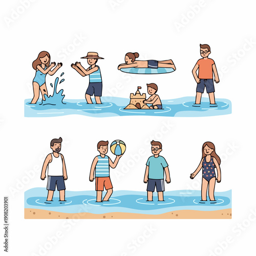 A cheerful vector illustration of people enjoying summer beach activities like splashing, building sandcastles, playing with a ball, and sunbathing in shallow water.