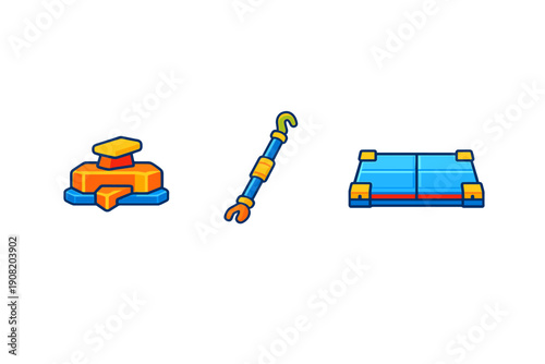 Three colorful vector icons depicting industrial or construction tools such as a mechanical base, a specialized hook, and a flat platform against a dark background.