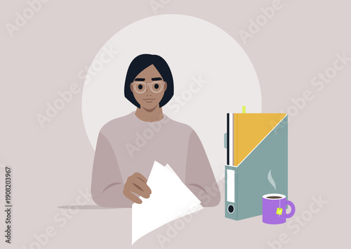 A skilled paperwork consultant examines various documents while seated at a workspace, showcasing organization and diligence in a modern environment alongside a warm cup of coffee