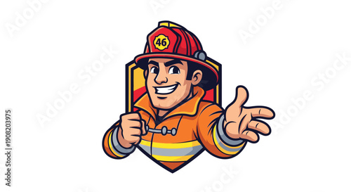 Cartoon firefighter character with a friendly gesture.