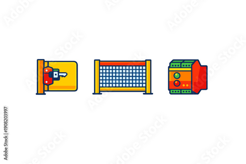 Three colorful flat icons representing security and industrial control systems, including a locked yellow gate, a blue mesh fence, and an electronic relay module on a black background.