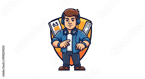 Cartoon man wearing headphones and holding a smartphone, standing in front of a shield with a card showing '63'.