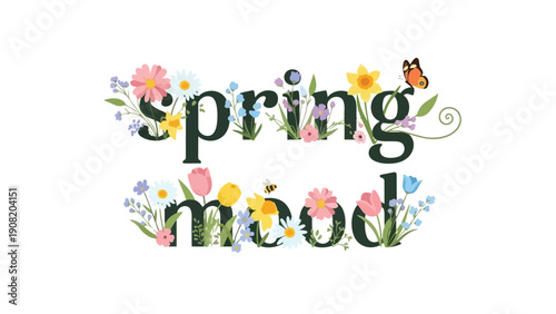 Spring mood illustration with flowers butterfly and bee a vibrant graphic celebrating nature's awakening with cheerful blossoms and lively insects