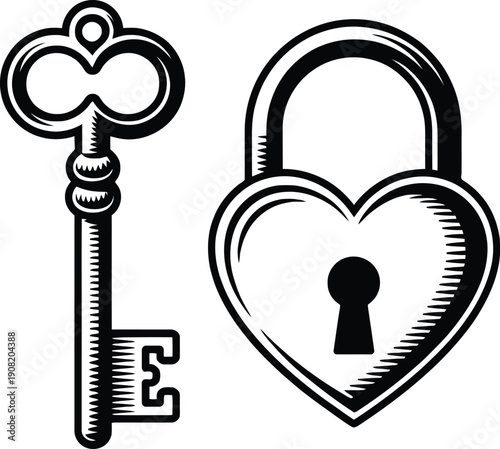 Elegant key and heart-shaped lock symbolizing love and security in intricate black and white design