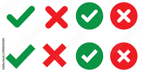 Green check mark, red cross mark icon set. Vector illustration.