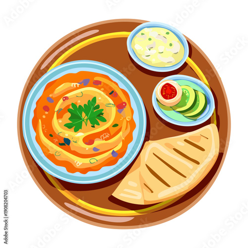 Spicy orange dip served with triangular flatbread and fresh vegetable garnishes on a wooden platter - Vector Illustration