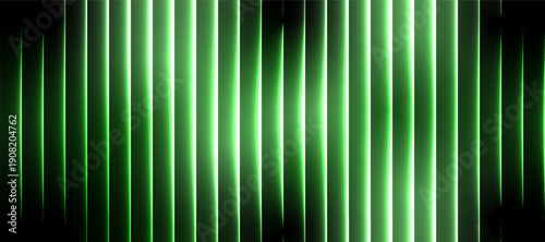 Green glass stripe background with luminous vertical lines, glossy transparency, and a clean futuristic abstract glow over a dark modern surface.