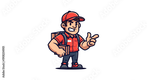 Cartoon illustration of a determined delivery man in a red uniform, carrying a package and pointing, on a white background.