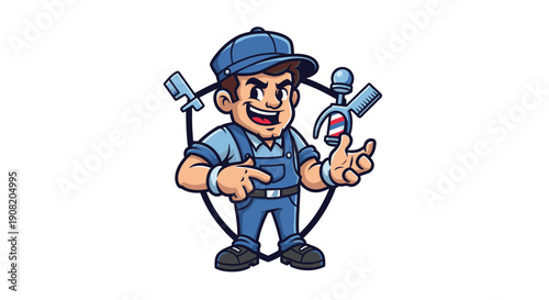 Cartoon mascot of a friendly male plumber or handyman in blue overalls and cap, with tools like a wrench and hammer, ready to offer service.