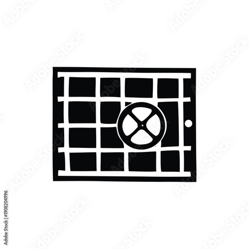 Grating with a circular valve or wheel, representing an industrial or architectural element