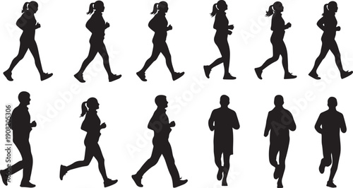 Silhouettes of people running in various poses and styles