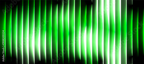 Neon green glass stripe abstract background with bright glossy reflections, transparent layers, and a high-tech futuristic glow on black.
