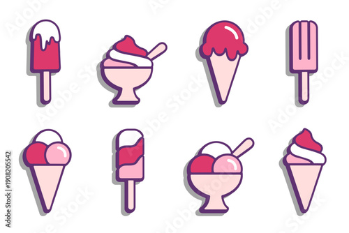 Ice cream volumetric icon set of pink color isolated on white. Different gelato sheet like scoop in waffle cone, soft serve in cup, popsicle on stick. Vector and png colorful clipart signs or logo.