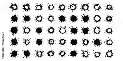 A collection of various ink splatters and paint blots in black on a white background, arranged in a grid pattern for graphic design use.