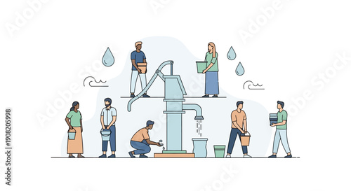 Community Celebrating World Water Day Together Around Functional Water Pump In Village Environment From Various Viewpoints