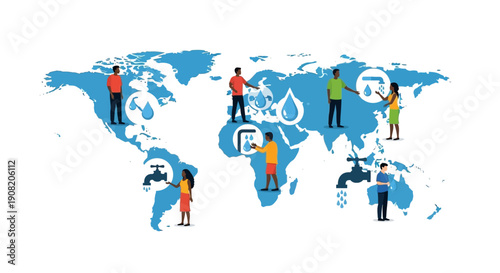 People Around the World Celebrating Water Day on a Global Map Illustration