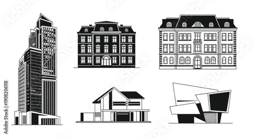 Architectural sketches of diverse buildings in monochrome style